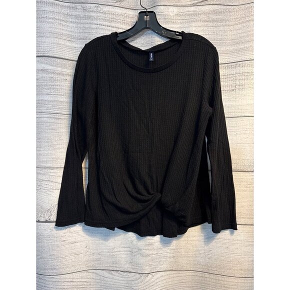 Iwollence Black Long-Sleeve Waffle-Knit Twist Front Top Size L - Picture 1 of 3